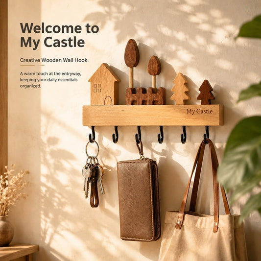 My Castle Wooden Key Holder Wall Mounted with 6 Hooks, Rustic Solid Wood Entryway Organizer, Cute House & Tree Design, Heavy Duty Wall Hooks for Keys, Bags, Hats