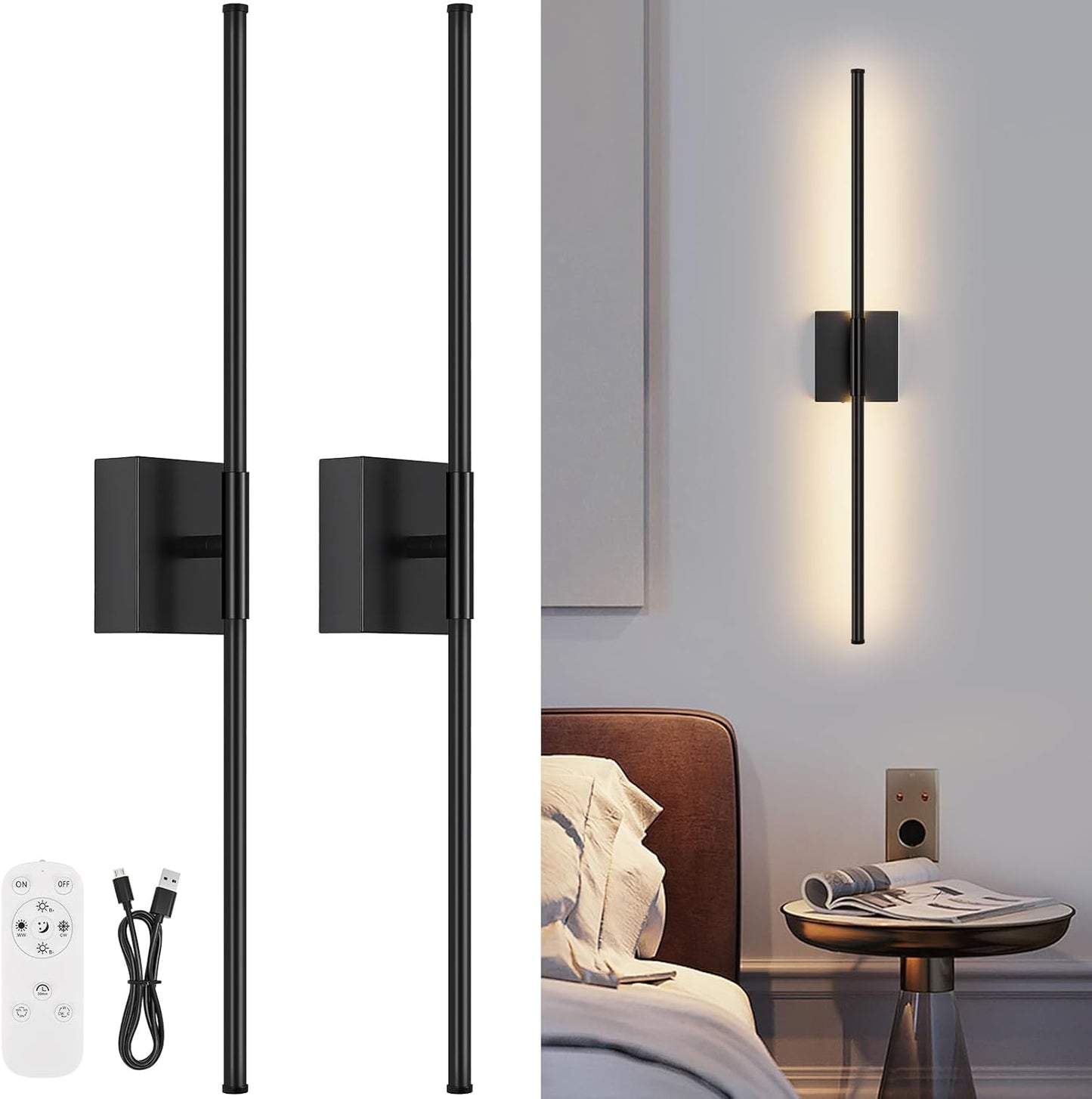 Battery Operated Wall Sconce Set of Two with Remote Control, 3000K-6000K Dimmable Black Wall Lights, Timable LED Wireless Wall Sconces, 350° Ratate for Bathroom, Living Room, Hallway 29.1 Inch