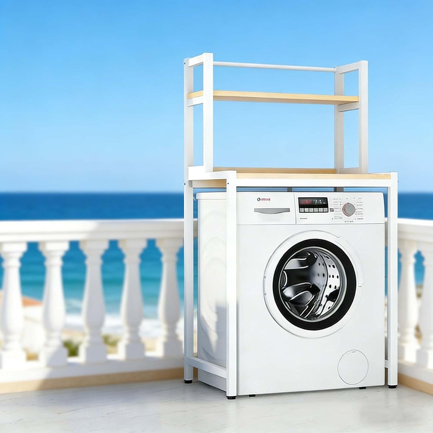 Over The Washer Storage Shelf, Space-Saving Laundry Organizer, Sturdy Metal Frame with Natural Wood Shelves, No Drilling, Ideal for Laundry Room, Balcony, Bathroom(White,Two Layers)