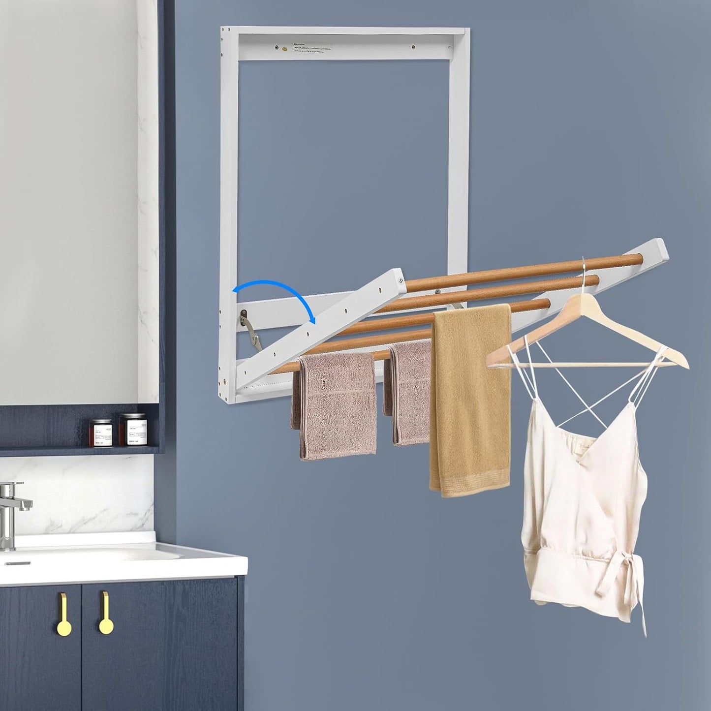 Wall Mount Clothes Drying Rack for Laundry, Foldable Wall Mount Laundry Rack with 5 Rods Foldable Wooden Clothing Dryer Racks for Bathroom, Bedroom, Balcony