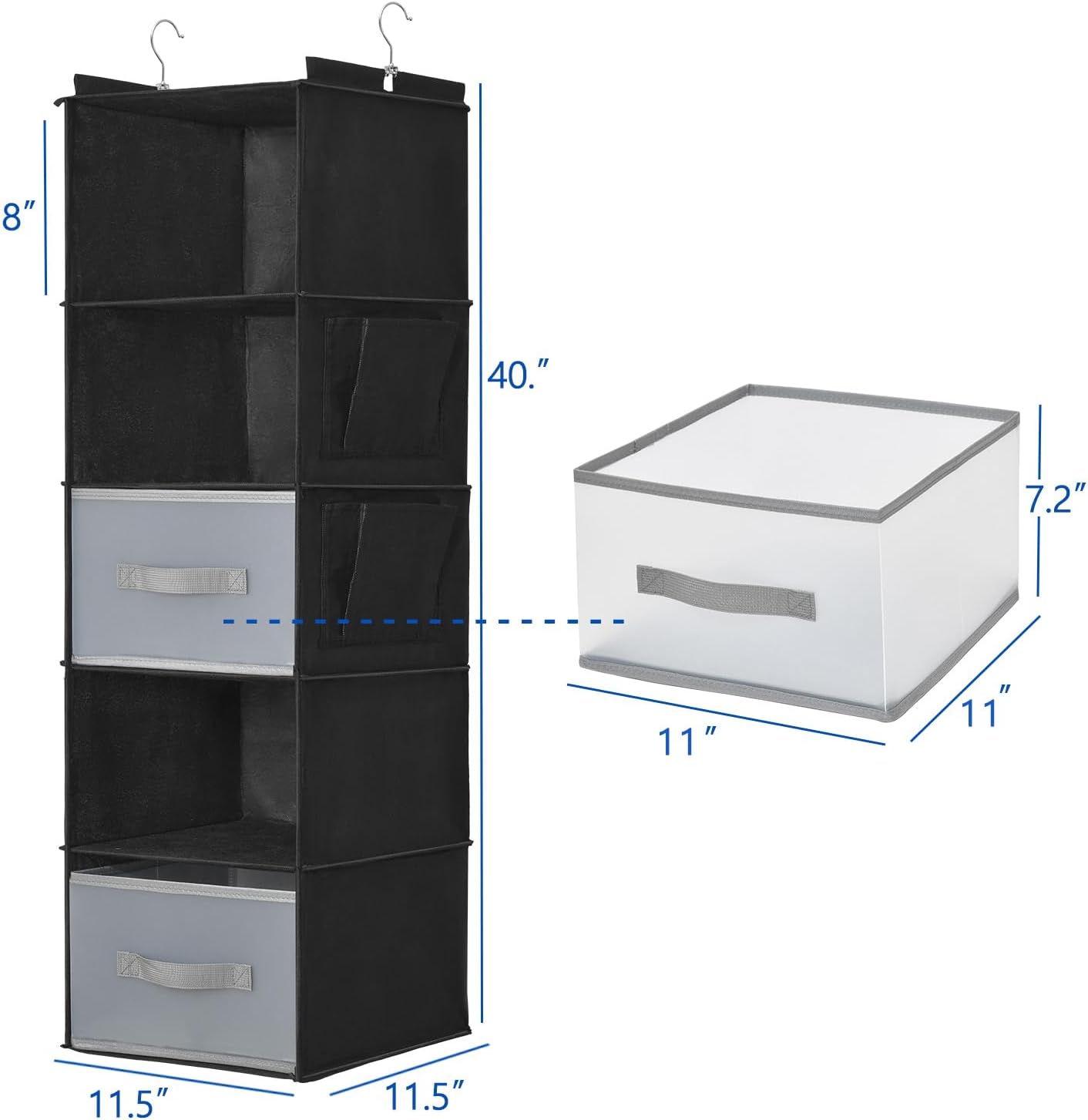 6-Shelf Hanging Closet Organizer with 3 Drawers & Side Pockets, Gray | Non-woven fabric, tool-free setup, ideal for bedrooms/dorms/RVs, 3 foldable transparent drawers for easy access