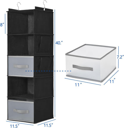 6-Shelf Hanging Closet Organizer with 3 Drawers & Side Pockets, Gray | Non-woven fabric, tool-free setup, ideal for bedrooms/dorms/RVs, 3 foldable transparent drawers for easy access