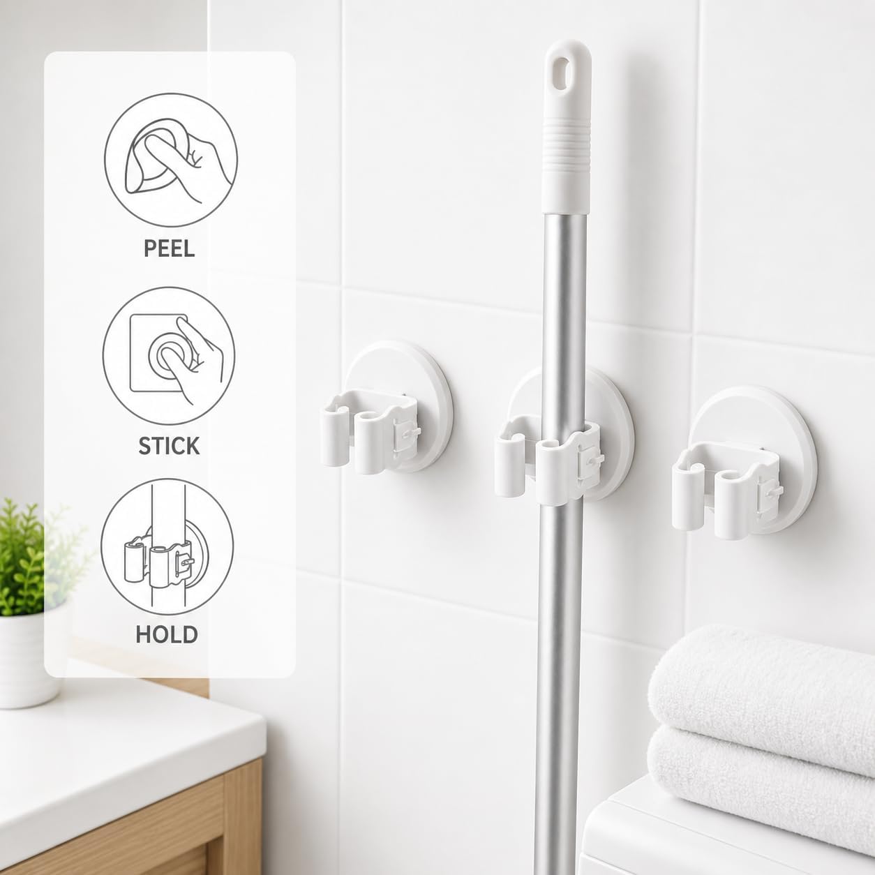 Broom and Mop Holder, Wall Mounted Round Clips, White ABS, No Drill Adhesive, 3 Pieces, Cleaning Tool Organizer for Kitchen, Bathroom, Garage