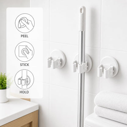 Broom and Mop Holder, Wall Mounted Round Clips, White ABS, No Drill Adhesive, 3 Pieces, Cleaning Tool Organizer for Kitchen, Bathroom, Garage