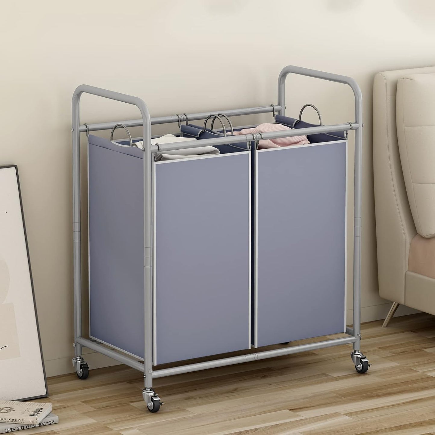SUOERNUO Laundry Sorter Basket 2 Bag Laundry Hamper Cart with Rolling Lockable Wheels and Removable Bags Laundry Organizer Cart for Clothes Storage, Assorted
