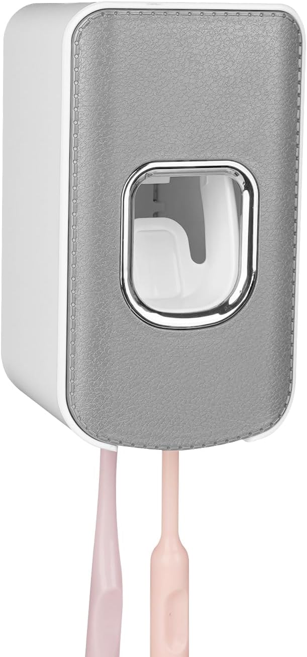 2 Slot Toothbrush Holder and Toothpaste Dispenser Wall Mounted, Automatic Toothpaste Squeezer, 2 in 1 Tooth Brush Toothpaste Organizer for Shower (Grey)