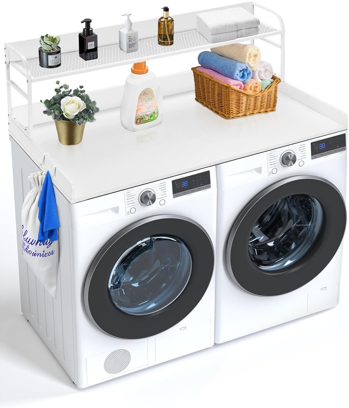 VEVOR Washer Dryer Countertop with 2-Tier Shelf, 54" x 27" Wooden Washer and Dryer Countertop with Anti-Slip Pads, Water-Resistant Laundry Topper Cover for Laundry Room Organization and Storage, Black