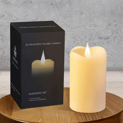 TECHLONG Flameless Candles with Remote Timer, 3D Moving Flickering Flame Battery Operated Candles Lasting 1000+ Hours, 3" x 5" Ivory Real Wax Electric LED Pillar Candles, Set of 2