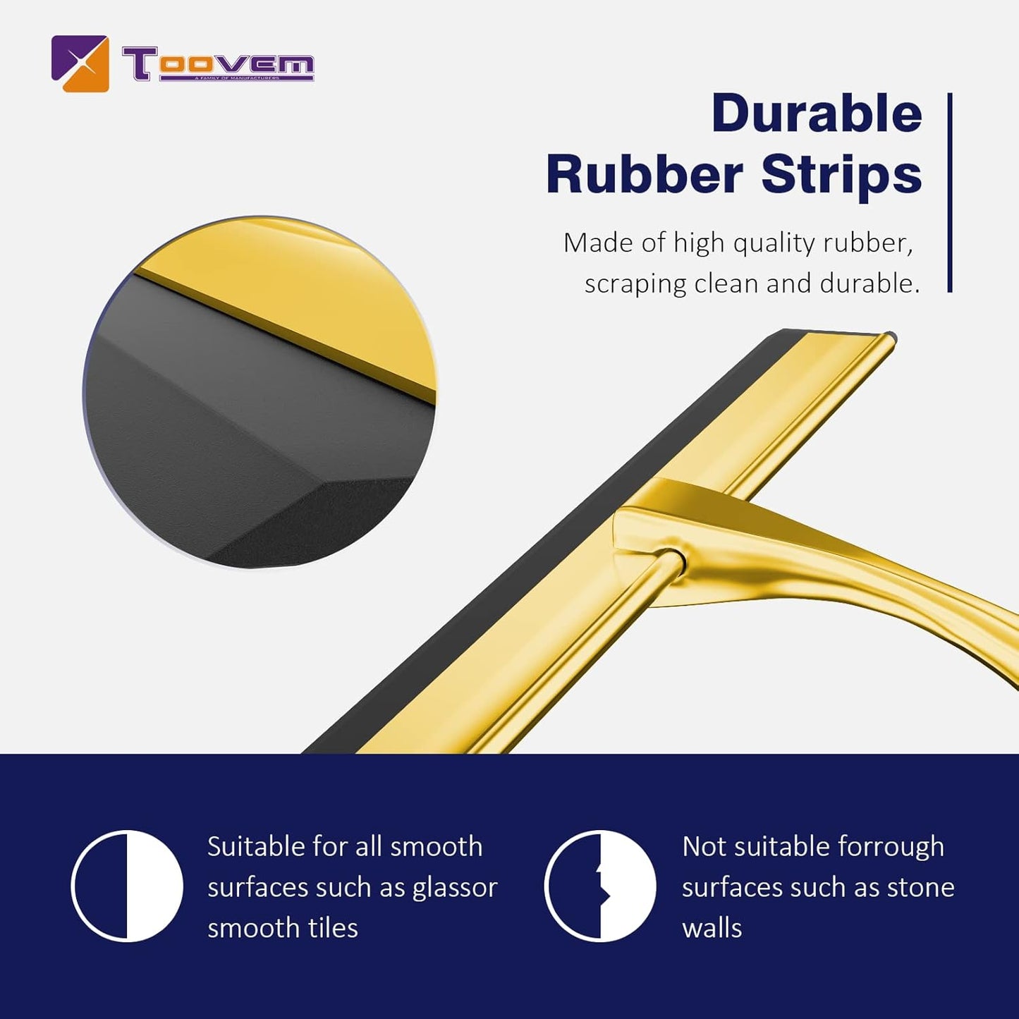 TOOVEM 12 Inch Shower Squeegee for Glass Doors, Window, Bathroom, Car Windshield, Shower Cleaning Tools with S Hook, Square Sticky Hook（Gold）