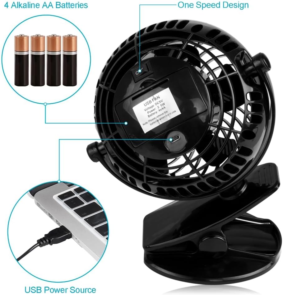 Gazeled Clip on Fan Battery Operated, 360° Rotation, with 8 Free AA Batteries, Quiet USB or Battery Operated Fan, 5'' Portable Battery Powered Clip on Fans for Camping, Stroller, Bedroom, Outdoor
