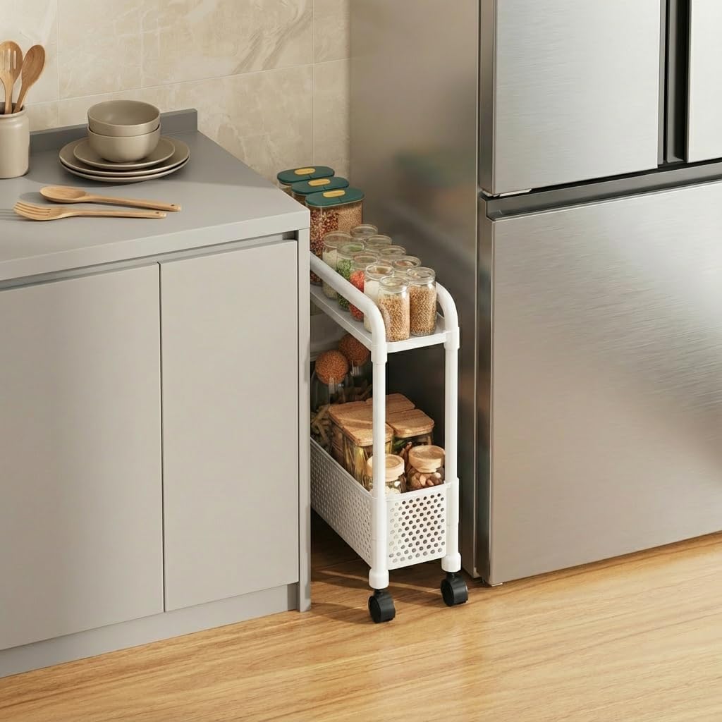 Slim Storage Cart, Plastic Kitchen Gap Storage, Multi-Layer Organizer with 360° Swivel Wheels for Kitchen Bathroom (Black,3 Tier)