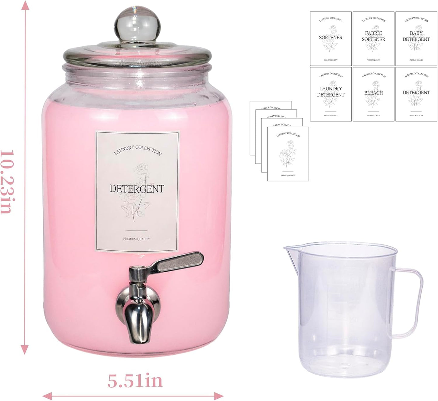 Large Liquid Laundry Detergent Dispenser with Spigots and Measuring Cups,108oz Leak-Proof Glass Fabric Softener,Reusable Glass Detergent Dispenser for Laundry Room Organizer and Storage(1)