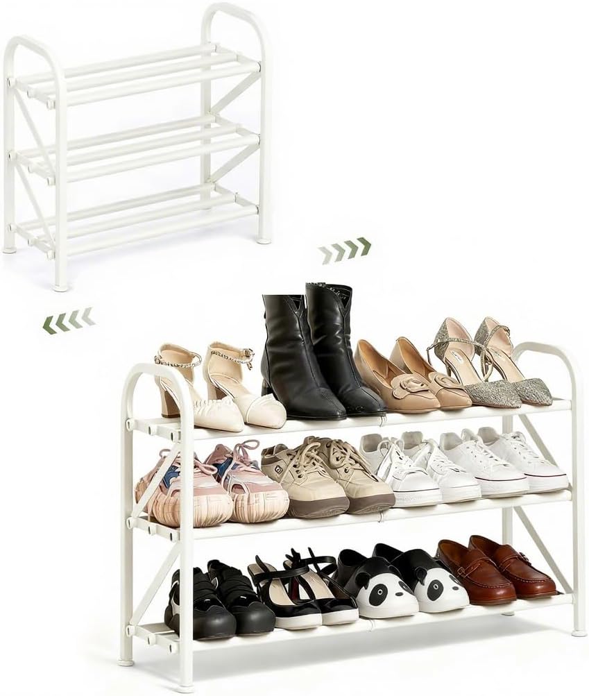 4-Tier Expandable Shoe Rack, Stackable and Adjustable Shoes Organizer Storage Shelf, Sturdy and Durable Metal Structure Free Standing Shoe Rack for Closet Entryway Doorway