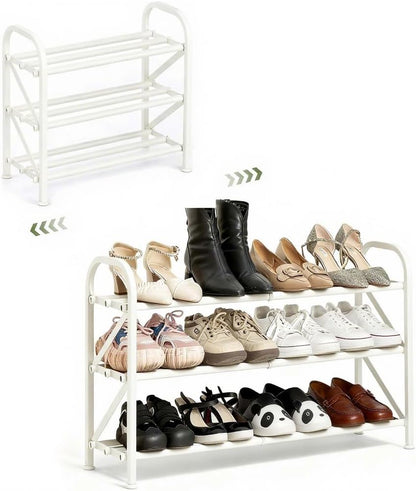 4-Tier Expandable Shoe Rack, Stackable and Adjustable Shoes Organizer Storage Shelf, Sturdy and Durable Metal Structure Free Standing Shoe Rack for Closet Entryway Doorway