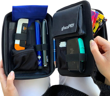 Glucology Large Diabetes Travel Case Hard Shell, Organizer for Glucose Monitor, Insulin Pen, BGL Strips, Syringe, Needles & Diabetic Supplies, Premium & Durable with Extra Compartment, Black