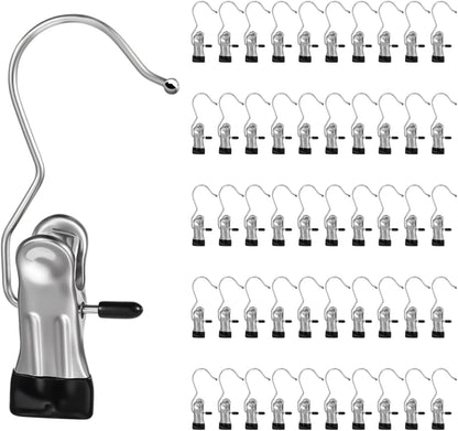 100 Pack Heavy Duty Boot Hanger Clips, Stainless Steel Laundry Hooks with Silicone Clip for Hanging Boots, Pants, Socks, Towels - Space Saving Closet Organizer for Travel & Home