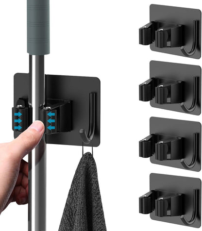 homeasy Mop Broom Holder No Drill, Mop Broom Organizer Wall Mounted Heavy Duty with Hooks Hanger, Self Adhesive Stainless Steel 4Pcs for Bathroom, Kitchen, Office (Silver)