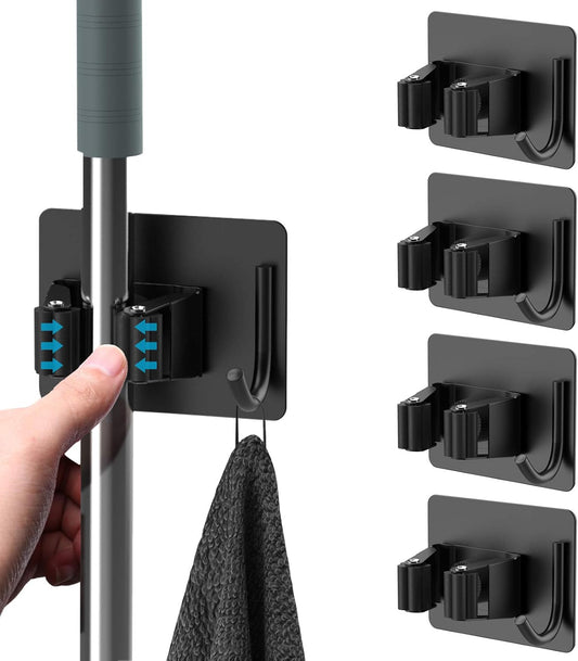 homeasy Mop Broom Holder No Drill, Mop Broom Organizer Wall Mounted Heavy Duty with Hooks Hanger, Self Adhesive Stainless Steel 4Pcs for Bathroom, Kitchen, Office (Silver)