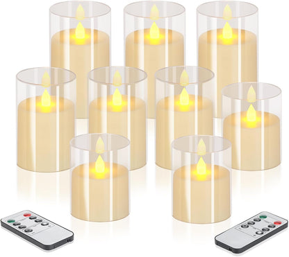 wemarry Flameless Candles 4" 5" 6" Acrylic Glass Pillars 3" Diameter Battery Operated Flickering Candles Include 8-Key Remote with Timer Function 400+ Hours (Amber, Warm Light 3 Pack)