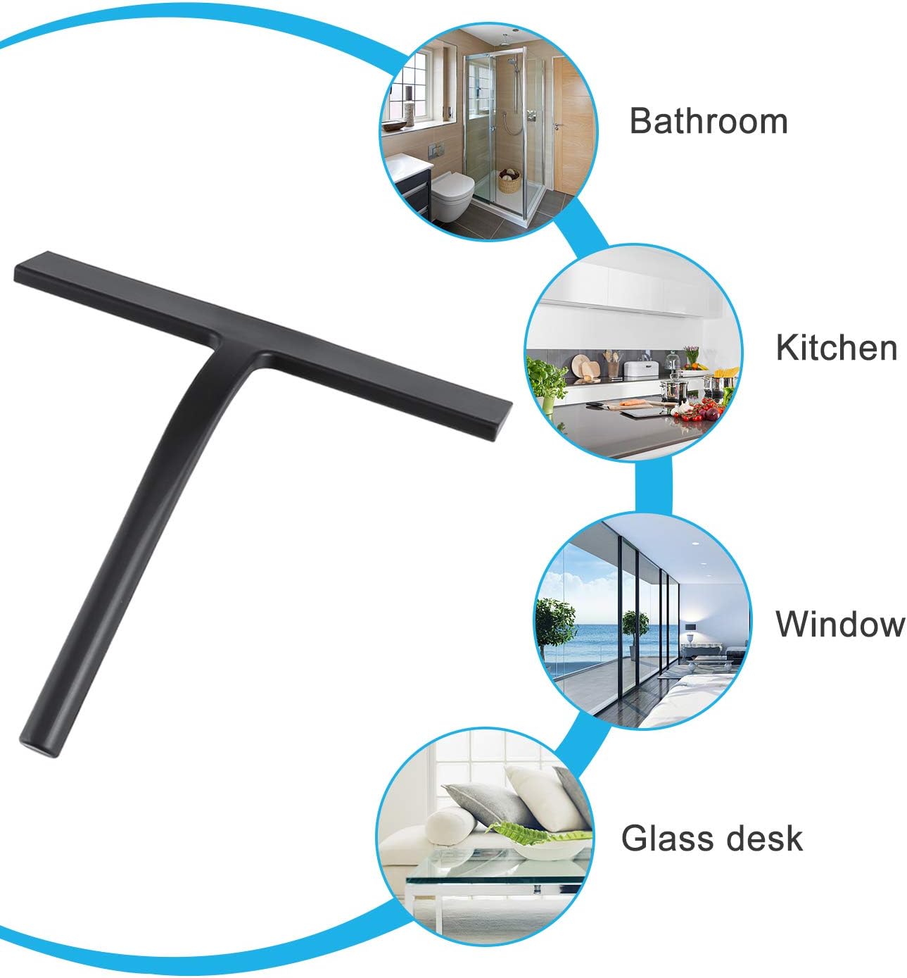 All -Purpose Silicone Shower Squeegee for Shower Glass Door with Hook, Bathroom Accessories for Window Mirror Tile Car Shower Walls,Household Shower Cleaner Tool (Black, 9 inch(1 Hook)