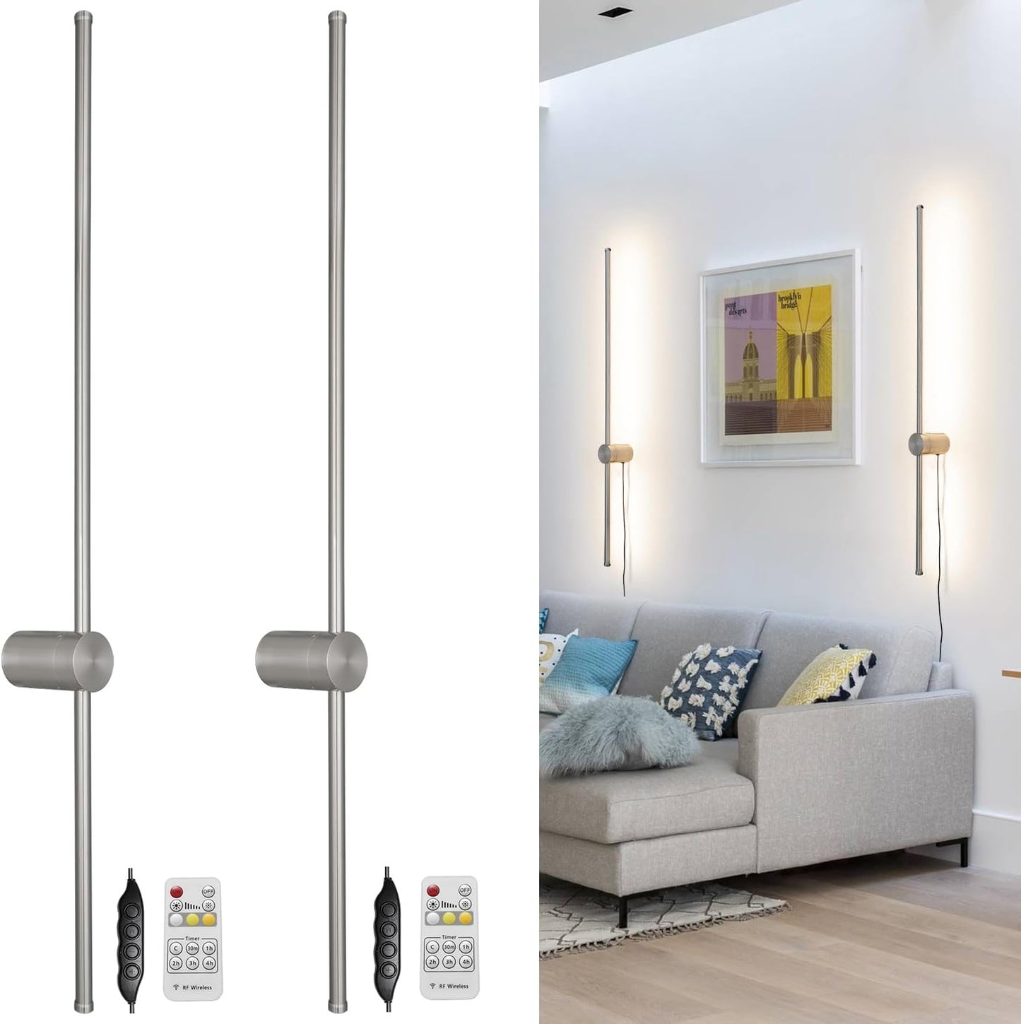 Battery Operated Wall Sconce Set of 2, Black USB Rechargeable Sconces Wall Deco Set of Two, Dimmable Cordless Wall Sconce with Remote Control, LED Wireless Wall Lighting,31.6 in