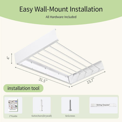 Wall Mounted Clothes Drying Rack Foldable 31.5" Laundry Room Space Saving | Heavy Duty 60 lb Load Drying Rack for Towels, t-Shirt, Jacket & DelicateClothes for Apartment, Bathroom, Laundry Room & RV
