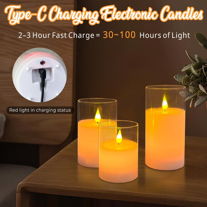 LEDHOLYT Rechargeable Flameless Glass Pillar Candles–Gifts for Women,–Set of 3, Realistic Flickering LED Light,Remote & Timer, Ideal for Living Room, Bedroom & Festival Wedding Home Party Decor