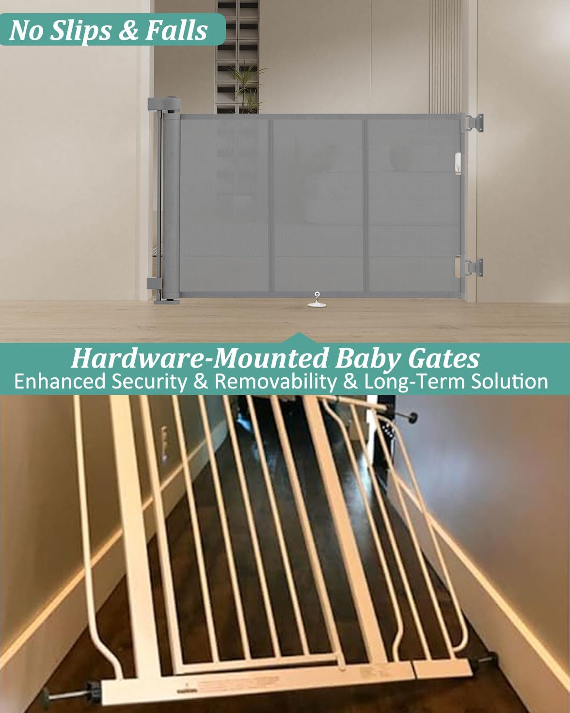 Miumoon 50 inch Retractable Baby Gates 34 inch Tall, Retractable Gate with Reinforced Strip Design to Prevent Crawling Through, Retractable Dog Gate for Stairs, Doorways, Hallways