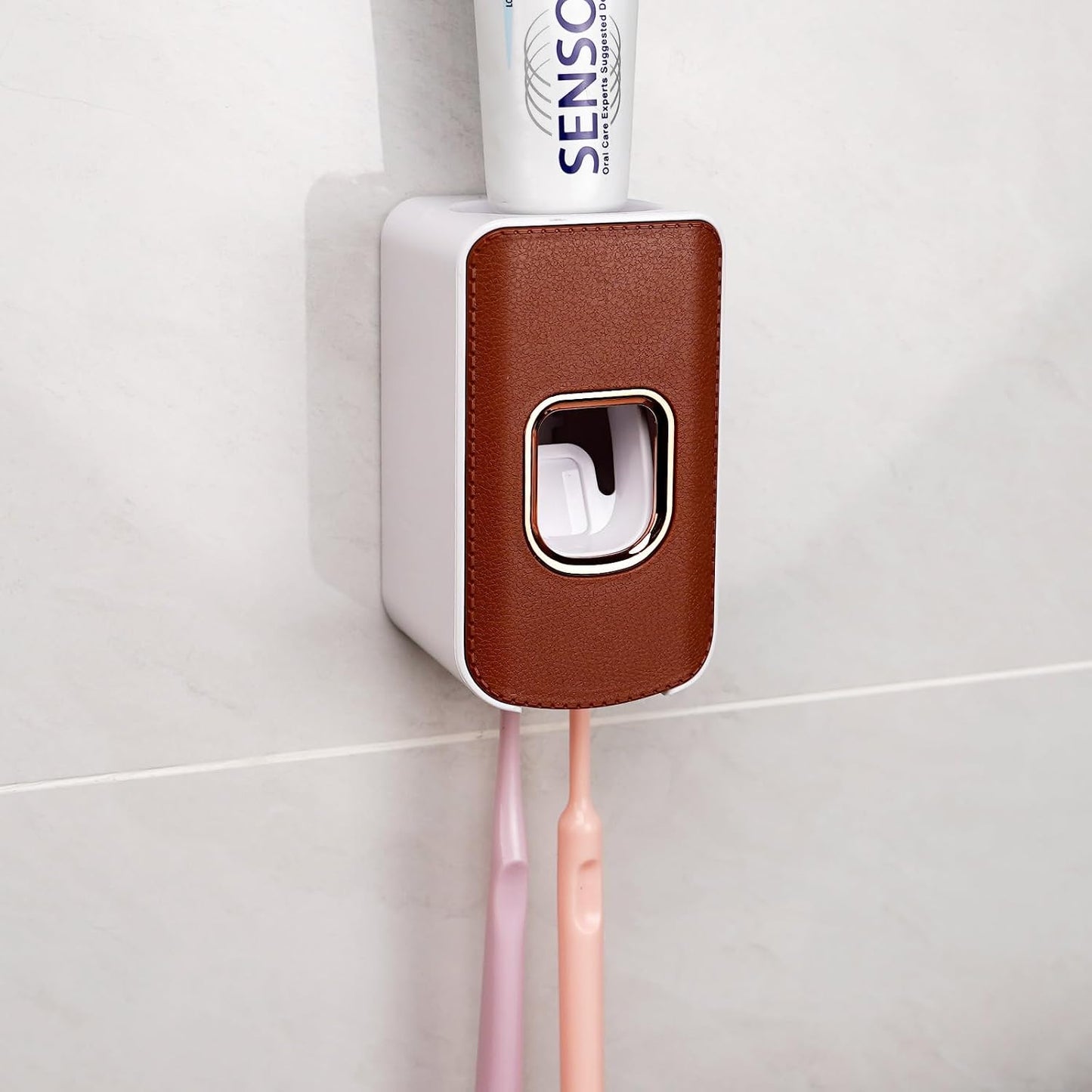 2 Slot Toothbrush Holder and Toothpaste Dispenser Wall Mounted, Automatic Toothpaste Squeezer, 2 in 1 Tooth Brush Toothpaste Organizer for Shower (Grey)