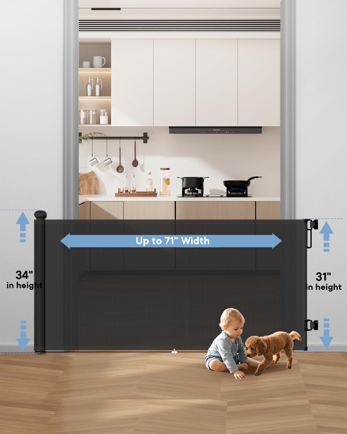 Retractable Baby Gate - 55" Wide Mesh Pet Gate with Anti-Crawling Hook, Safety Lock, One-Hand Operation, 34" Tall Baby Gate for Stairs, Doorways, Hallways, Garage, Indoor Outdoor, Black