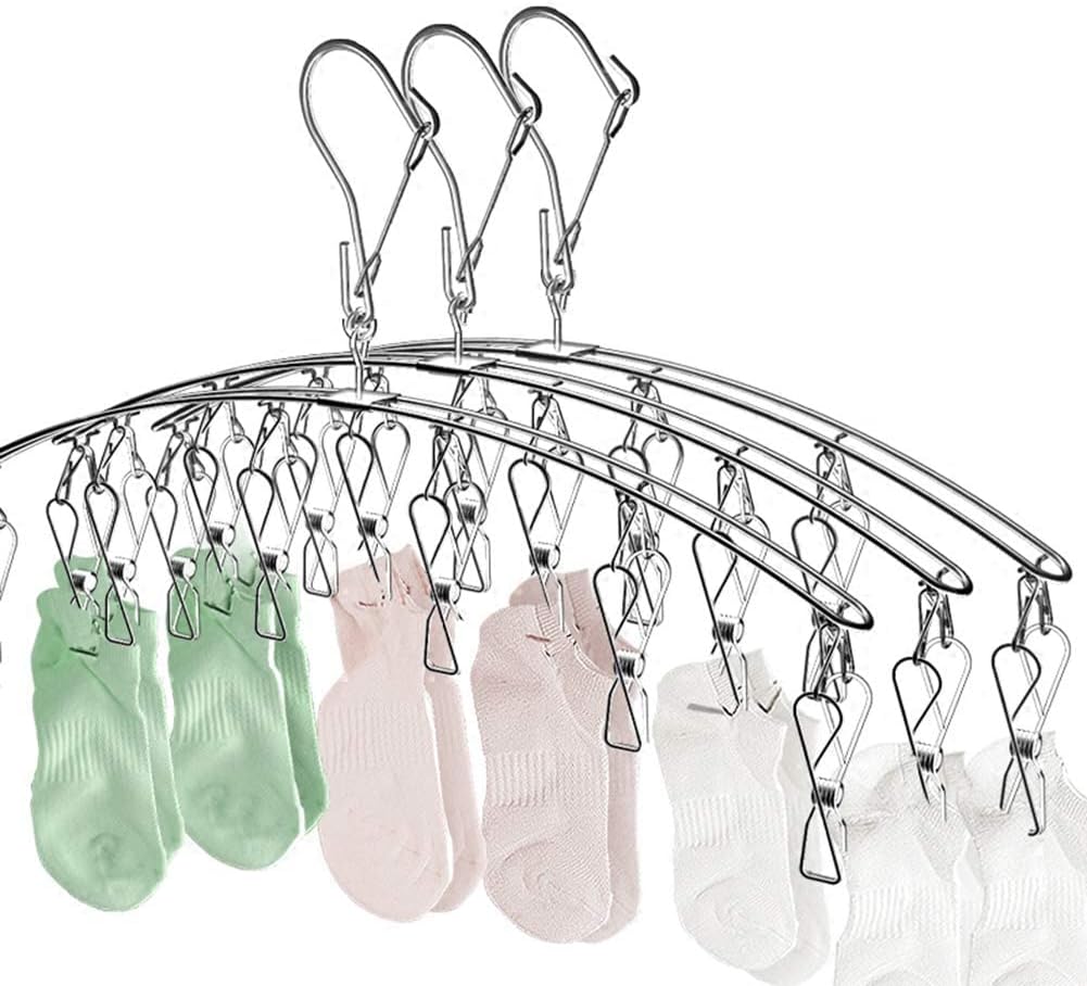 10 Pack Laundry Drying Rack Clothes Hanger with 10 Clips, Stainless Steel Clothes Drying Rack Sock Hangers Windproof Clip and Drip Hanger for Drying Socks, Bras, Towel, Underwear, Diapers