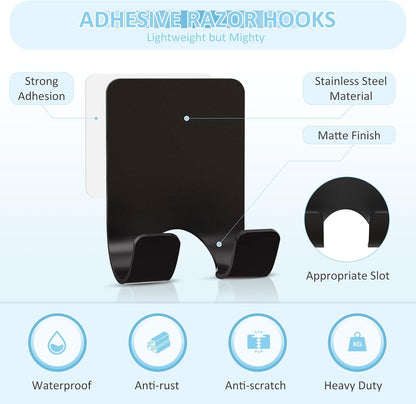 VIS'V Shower Wall Razor Holder, Metal Adhesive Razor Hooks for His and Hers, Waterproof, Black, 2 Pcs