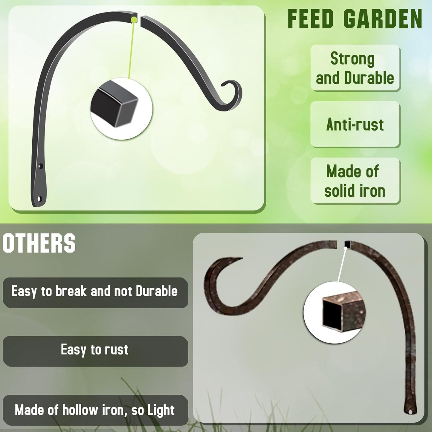 FEED GARDEN Heavy Duty Plant Hangers Outdoor Indoor, 8 Inch 2 Pack Metal Hanging Bracket Holds Up to 44 lbs, Wall Brackets for Hanging Baskets, Bird Feeders,Wind Chime& Lanterns, Black