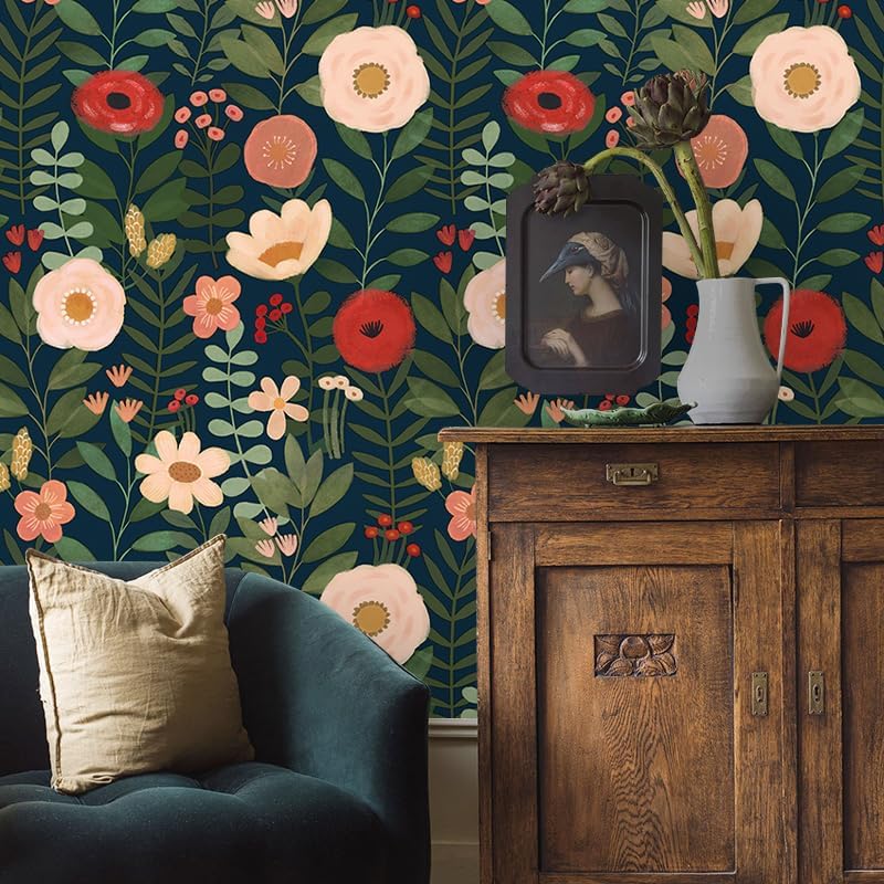 HAOKHOME Floral Peel and Stick Wallpaper Boho Vintage Wall Paper Removable for Bathroom Nursery Beige/Pink/Red Contact Paper 17.3in x 9.8ft
