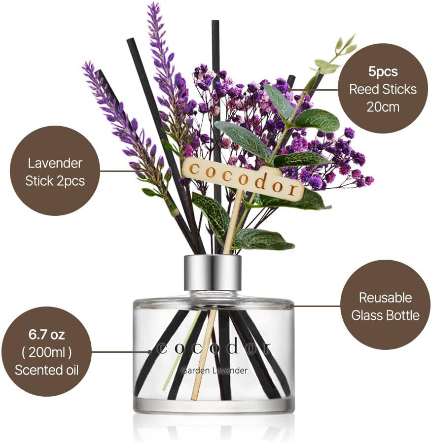 COCODOR Flower Reed Diffuser Set / 6.7oz / Garden Lavender/Scent Diffuser with Sticks Home Fragrance Oil Reed Diffuser for Bathroom Shelf Decor
