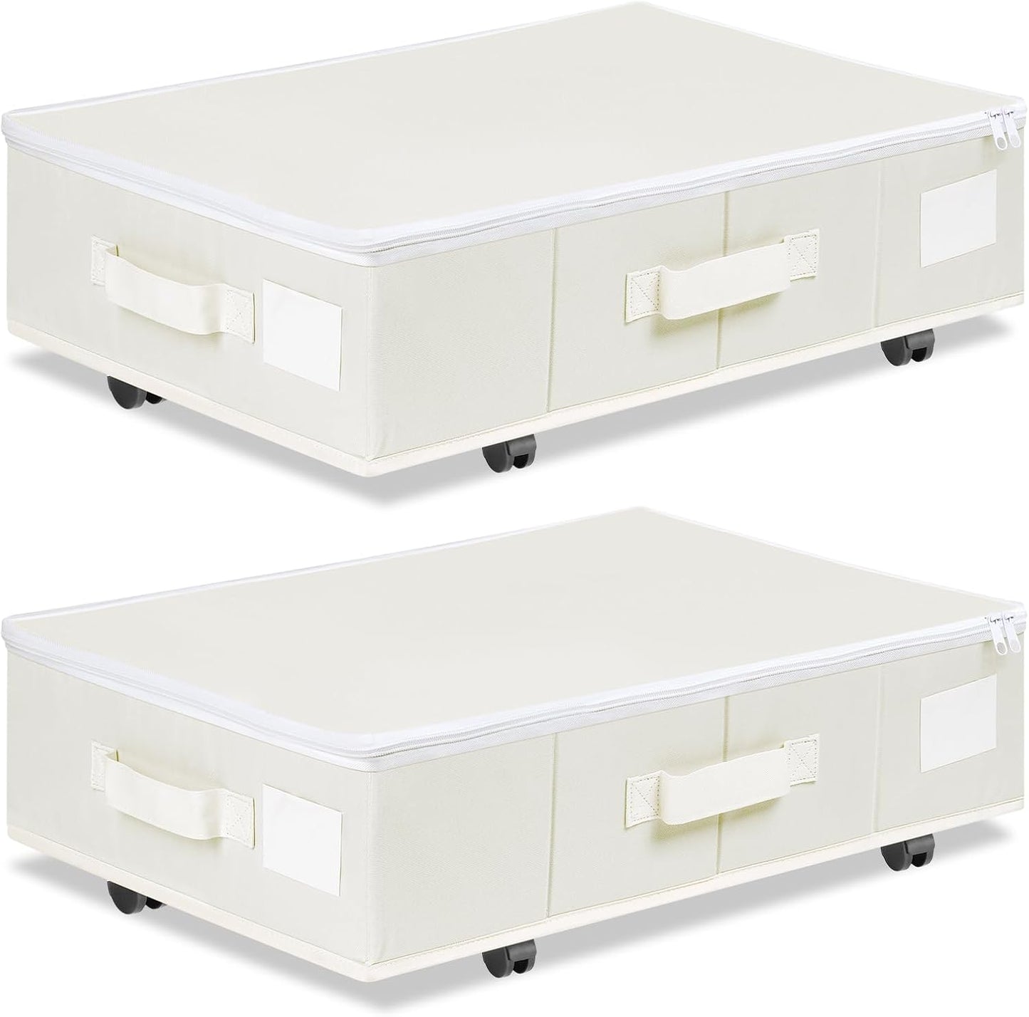 Vincona Under Bed Storage with Wheels, 2 Pack Under Bed Storage Containers with Label Holders for Clothes, Shoes and Blankets, Rolling Underbed Shoe Organizer with Cover, Beige (30.71x15.7x7.28 in)