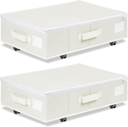 Vincona Under Bed Storage with Wheels, 2 Pack Under Bed Storage Containers with Label Holders for Clothes, Shoes and Blankets, Rolling Underbed Shoe Organizer with Cover, Beige (30.71x15.7x7.28 in)