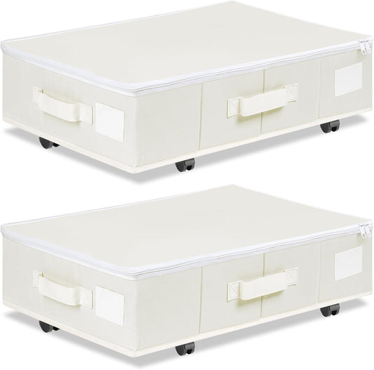 Vincona Under Bed Storage with Wheels, 2 Pack Under Bed Storage Containers with Label Holders for Clothes, Shoes and Blankets, Rolling Underbed Shoe Organizer with Cover, Beige (30.71x15.7x7.28 in)