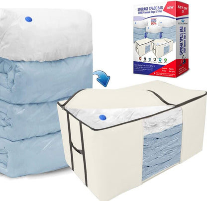 Cube Vacuum Storage Bags, Space Saver Bags, Premium Totes with Cubic Vacuum Compression Seal Bags for Clothing & Bedding. Space Saving Jumbo Organizer for Storing Clothes, Comforters,Blankets,Pillows+