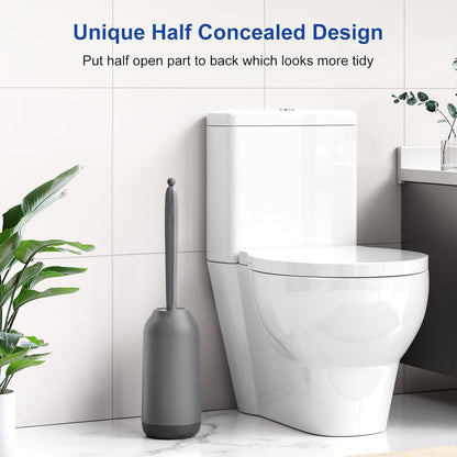 HAMITOR Toilet Bowl Brush Holder Set: Deep Cleaning Silicone Toilet Cleaner Scrubber Under Rim with Curved Bristle for Bathroom Dead Corner Clean - Modern Rv Toilet Decorative Accessories - White