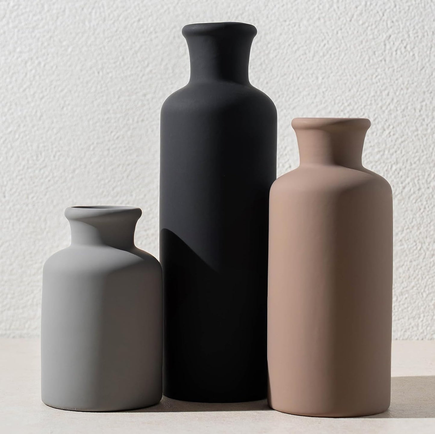 Ceramic Vase Set of 3, Modern Minimalist Neutral Home Decor, Boho Rustic Farmhouse Decorative Vases for Pampas Grass Dried Flowers | Table Centerpiece Entryway Mantel Bookshelf(Black Mix Set - Gray#1)