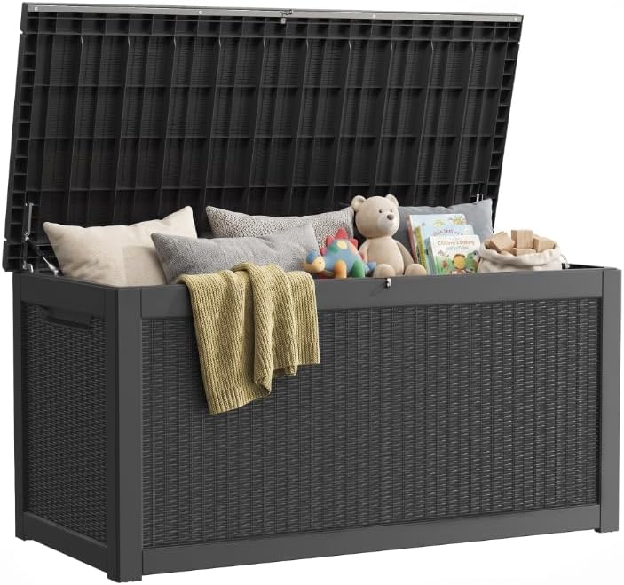 320 Gallon Outdoor Storage Box, Extra Large Waterproof Resin Deck Box with Lockable Lid Storage Bin for Patio Furniture Cushion, Garden Tools, Pool Accessories, UV-Resistant Outside, Black