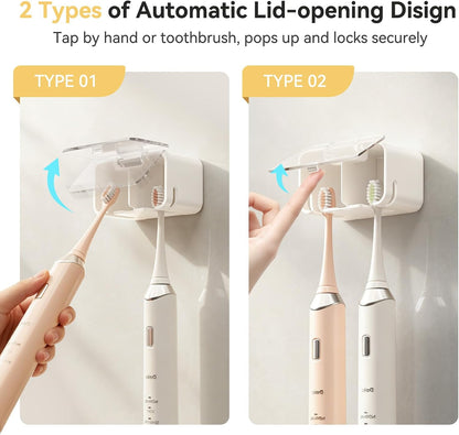 MOPMS Toothbrush Holders for Bathrooms【2 Slot Independent Compartment Design】 2PCS Electric Toothbrush Holder Wall Mounted for Shower, Toothbrush Dispenser Storage Organizer with Cover for Family