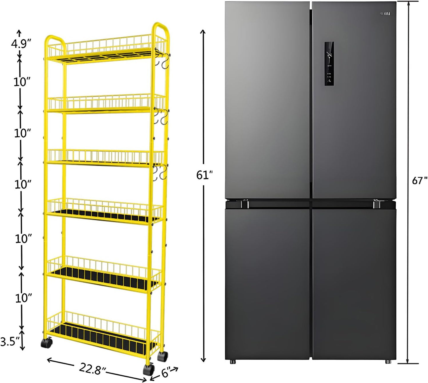 10in 6-Tier Slim Storage Cart with Wheels, Metal 10in Wide Black Narrow Rolling Shelf, Sturdy Slim Storage with Hooks Ideal for Kitchen, Bathroom, and Laundry Room
