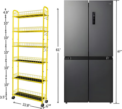 10in 6-Tier Slim Storage Cart with Wheels, Metal 10in Wide Black Narrow Rolling Shelf, Sturdy Slim Storage with Hooks Ideal for Kitchen, Bathroom, and Laundry Room