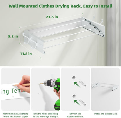 Foldable Wall Mounted Space-Saving Drying Rack, 23.5 In Rustproof Stainless Steel Laundry Hanger with 50 Lbs Heavy Duty Reinforced Rods for Wet Towels & Heavy Clothes, Fits Apartment Bathroom RV,White