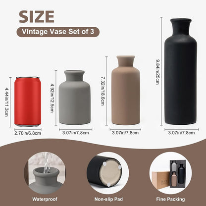 Ceramic Vase Set of 3, Modern Minimalist Neutral Home Decor, Boho Rustic Farmhouse Decorative Vases for Pampas Grass Dried Flowers | Table Centerpiece Entryway Mantel Bookshelf(Black Mix Set - Gray#1)