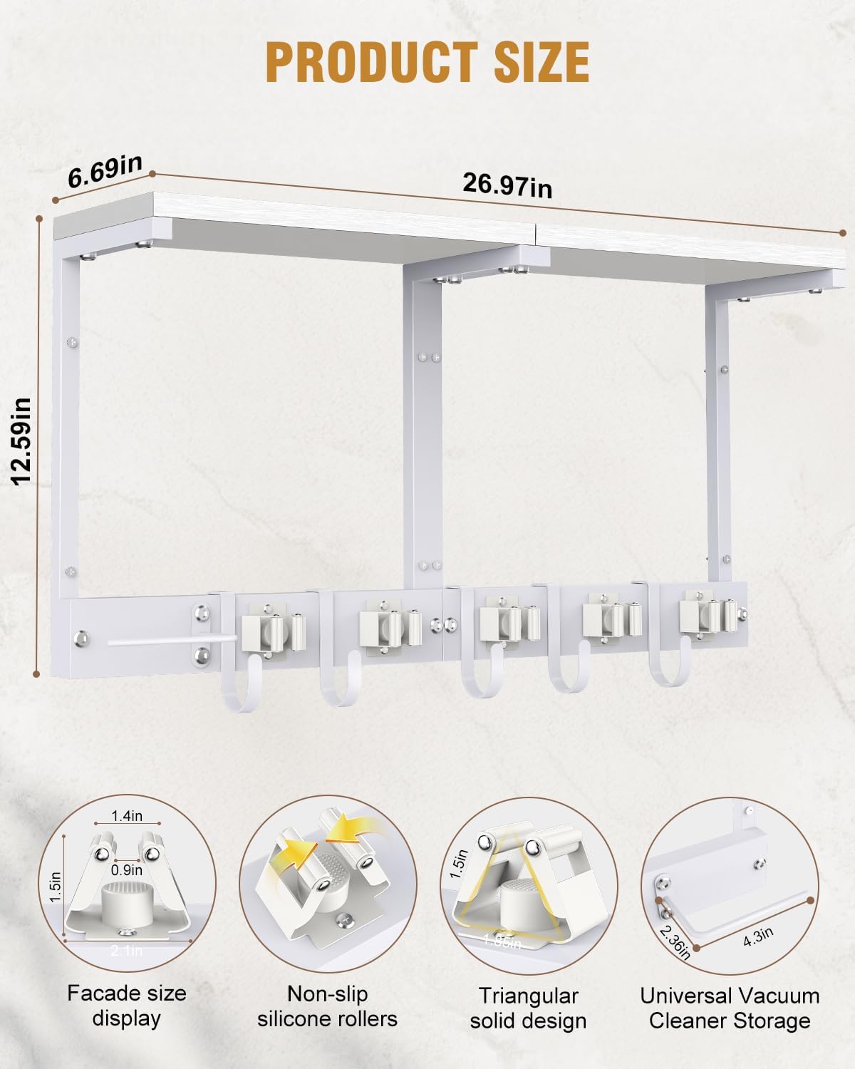 Large Broom Holder Wall Mount with Shelf, Vacuum Organizer, 5 Slots 5 Hooks | White, 3-In-1 Wall Mount Stores Brooms/Mops/Vacuum, Cleaning Supplies With 5 Grippers/5 Hooks And A Sturdy Wooden Top Shelf