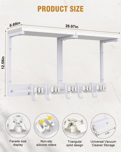 Large Broom Holder Wall Mount with Shelf, Vacuum Organizer, 5 Slots 5 Hooks | White, 3-In-1 Wall Mount Stores Brooms/Mops/Vacuum, Cleaning Supplies With 5 Grippers/5 Hooks And A Sturdy Wooden Top Shelf