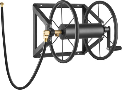 VEVOR Wall Mounted Garden Hose Reel, Holds 125 ft 5/8-inch Hose, Heavy-Duty Water Hose Winder, Space-Saving Design, Outdoor Manual Reel with Brass Fitting and Storage Basket for Yard Lawn